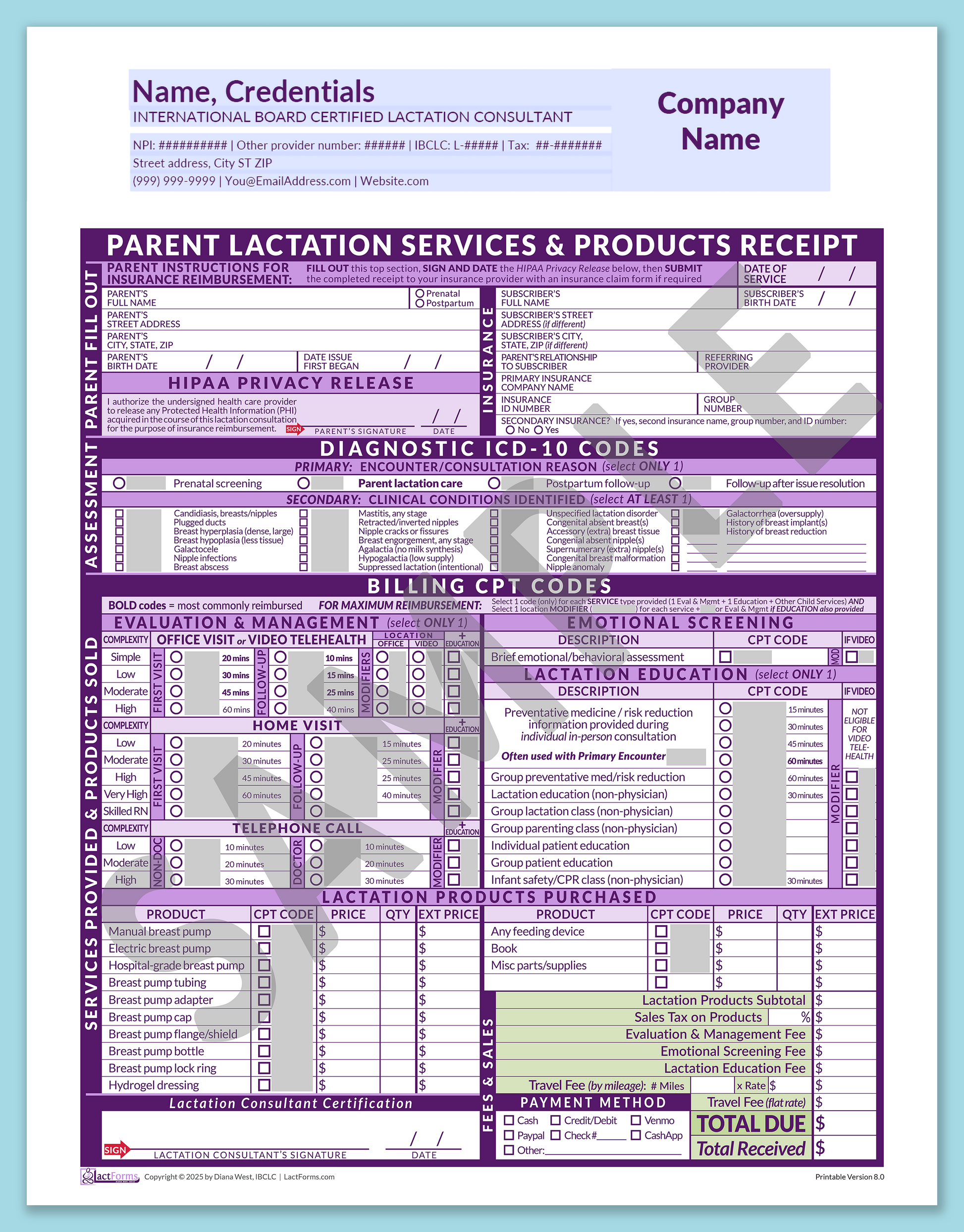 Parent Superbill—OfficePrintable, HeaderCompany before editing, Purple, V8.0