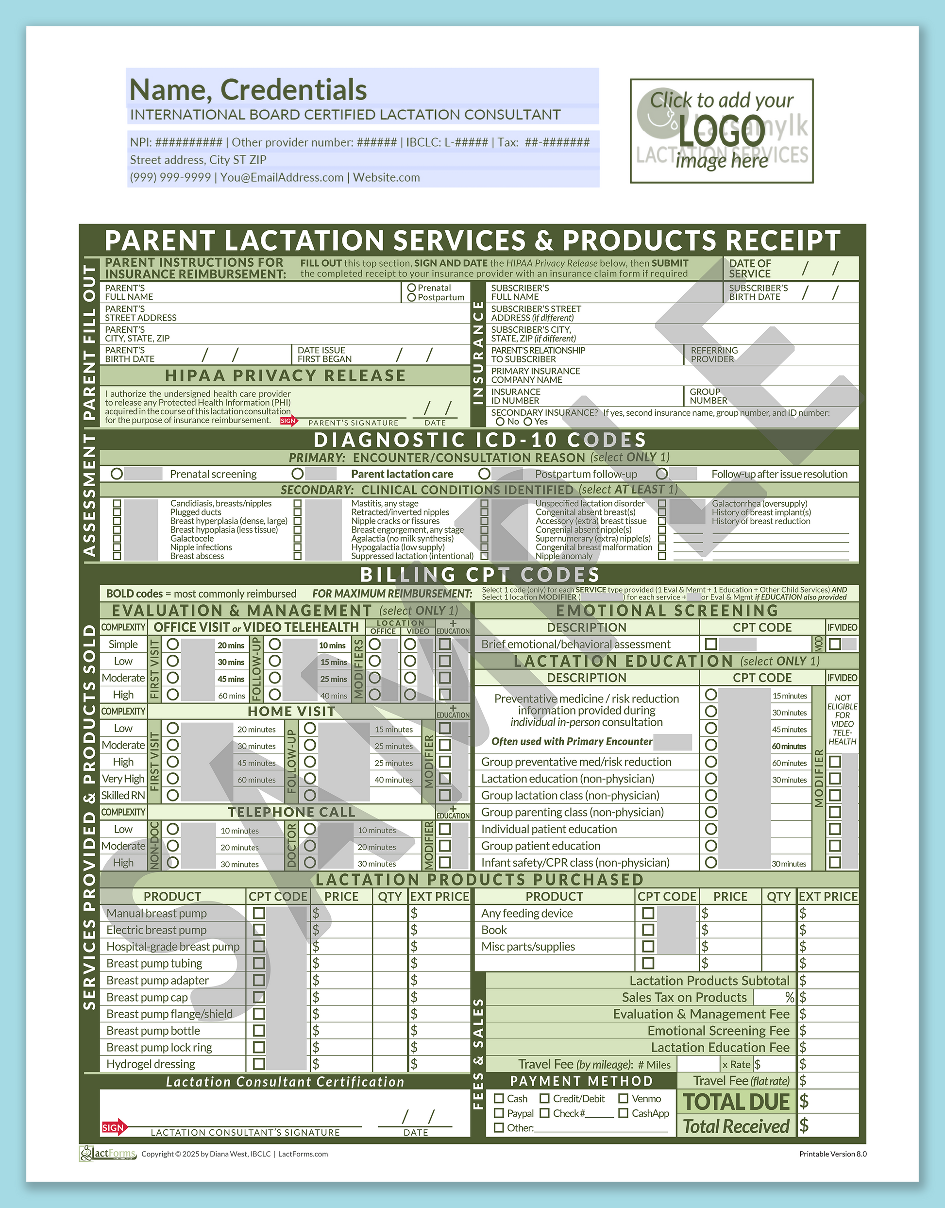 Parent Superbill—OfficePrintable, HeaderLogo before editing, Green, V8.0