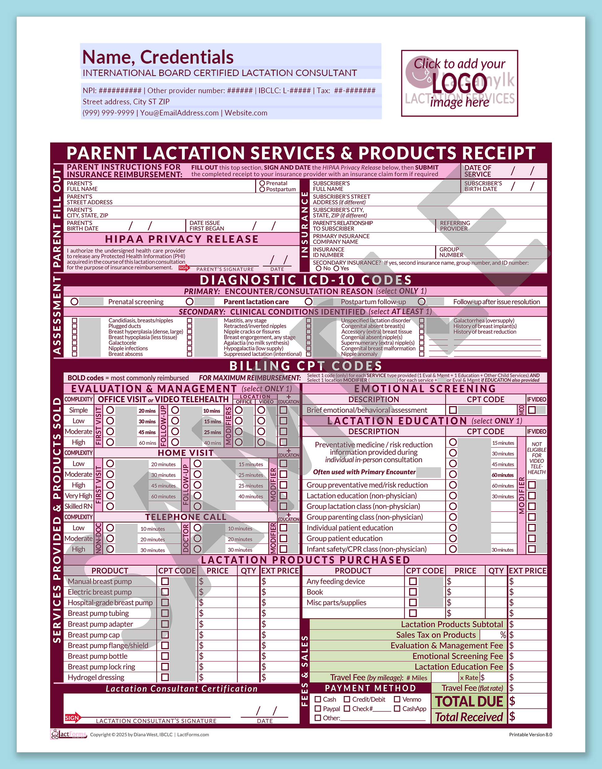 Parent Superbill—OfficePrintable, HeaderLogo before editing, Pink, V8.0