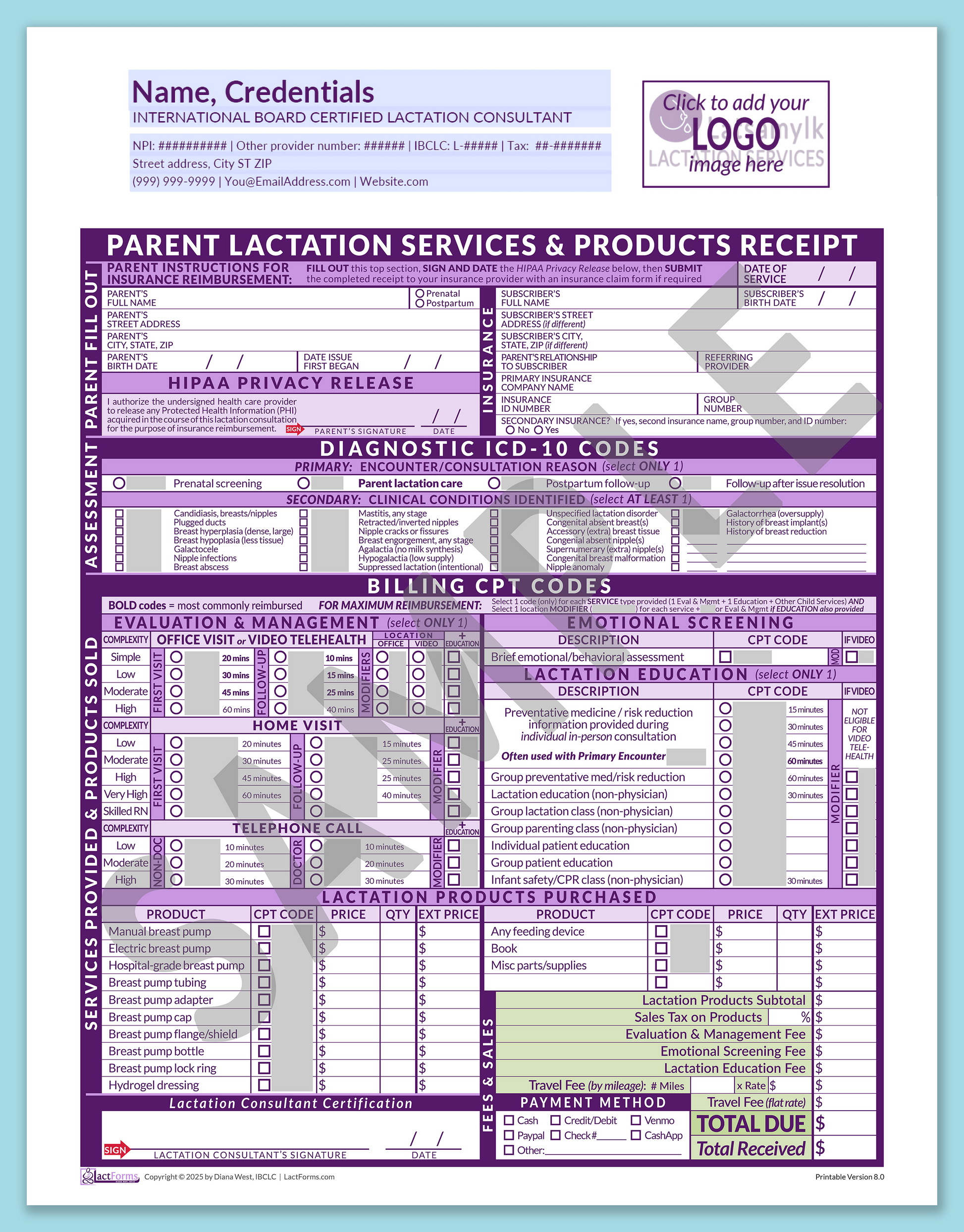 Parent Superbill—OfficePrintable, HeaderLogo before editing, Purple, V8.0