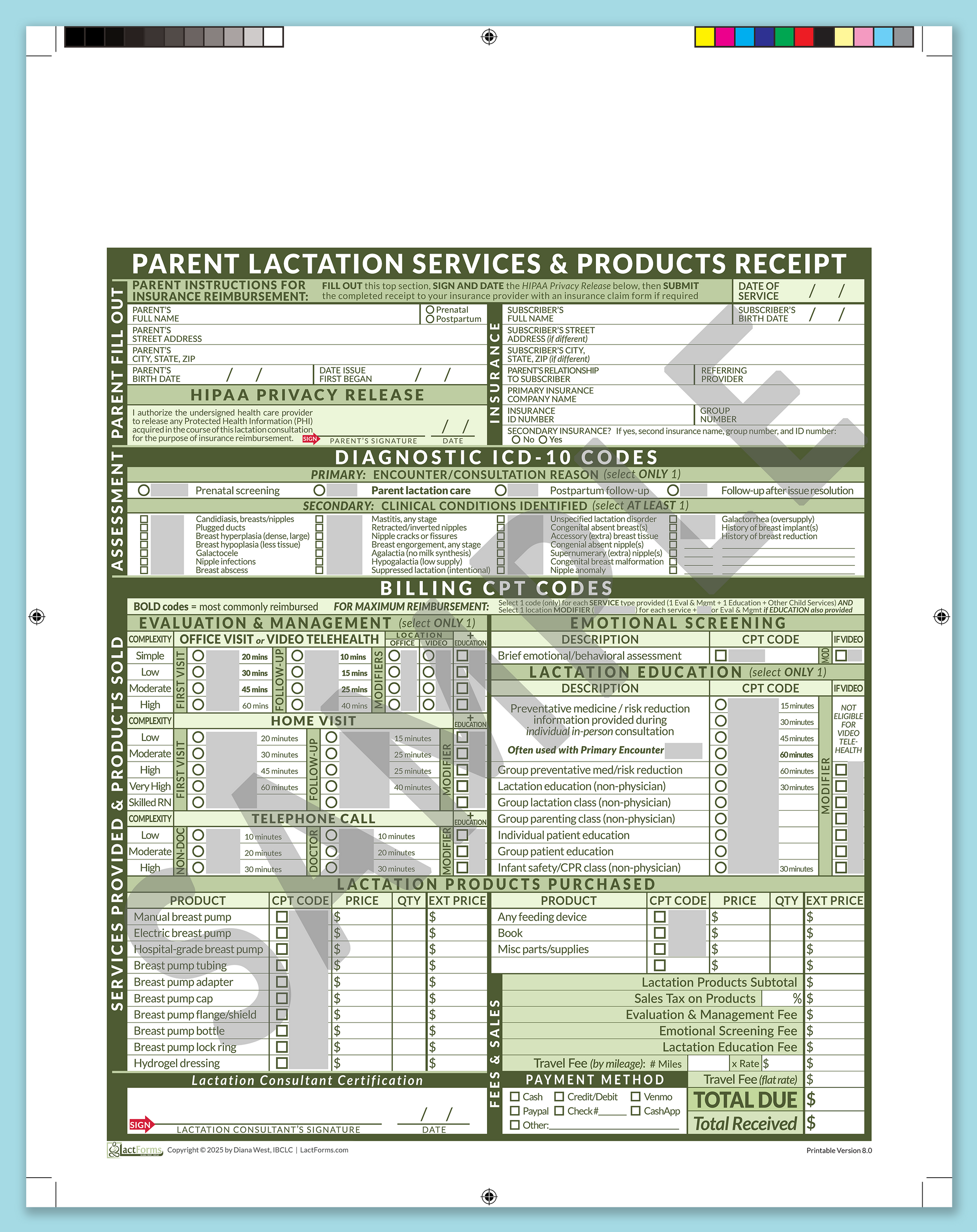 Parent Superbill—ProPrintable, HeaderNone, Green, V8.0