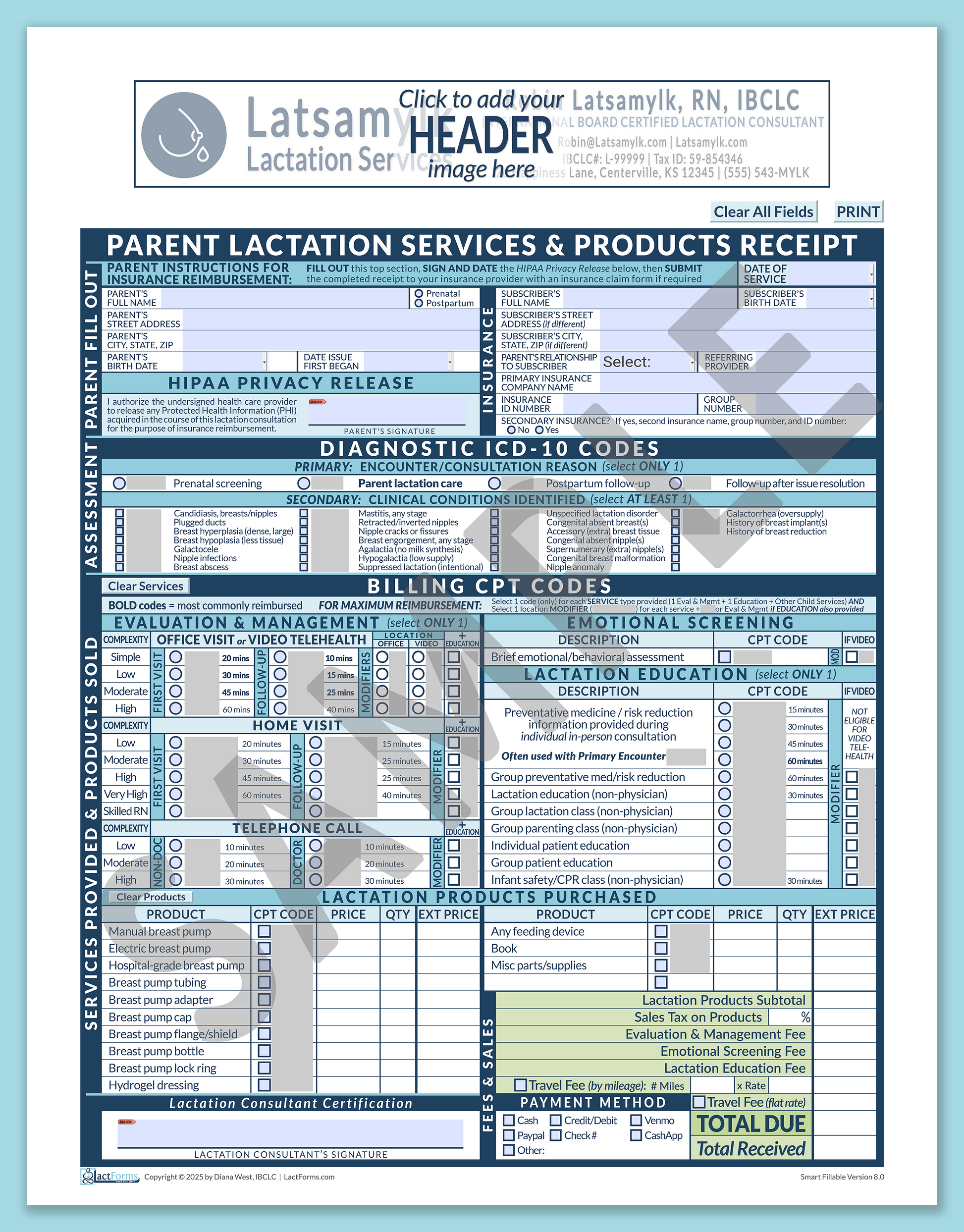 Parent Superbill—SmartFillable, HeaderBox before editing, Blue, V8.0