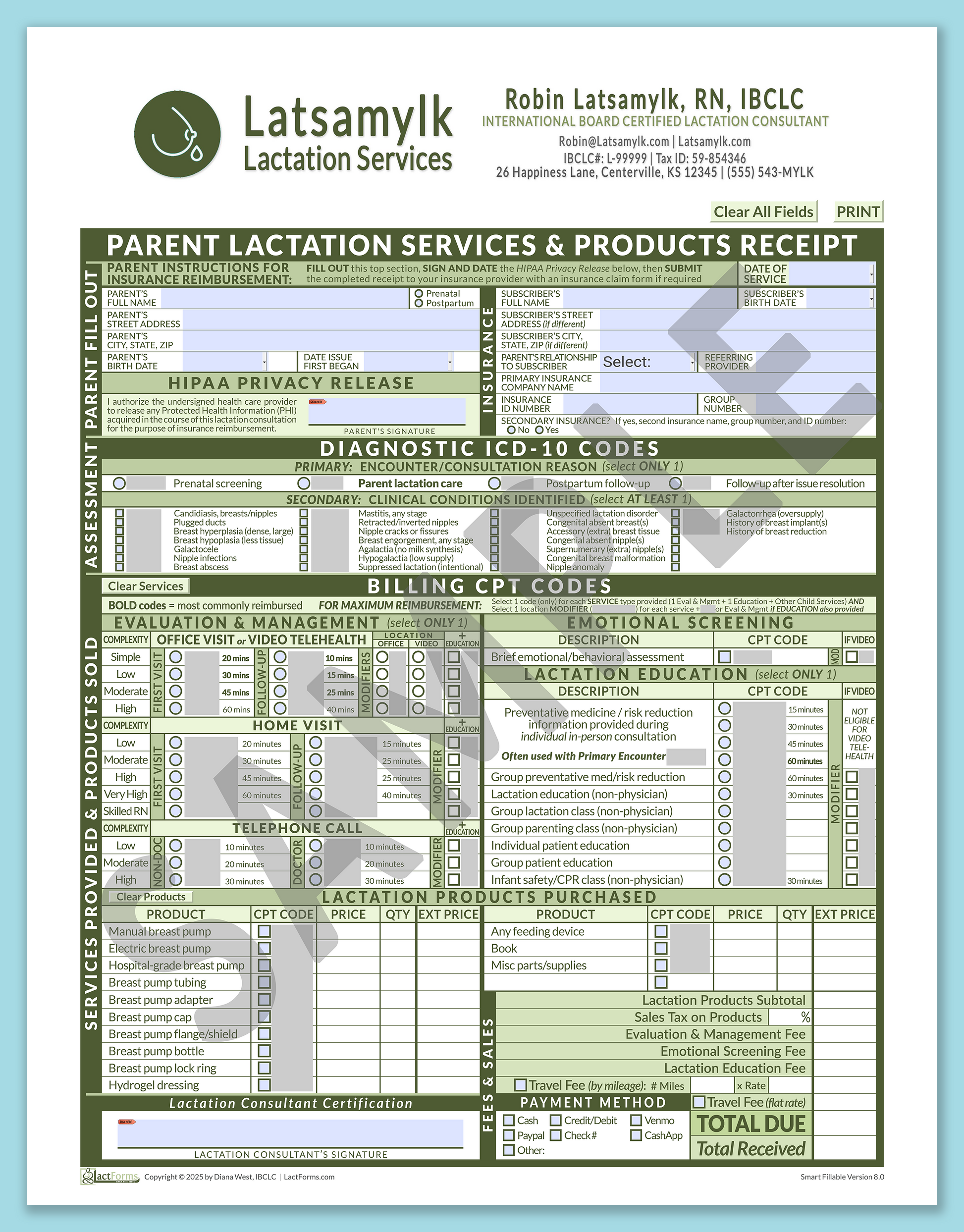 Parent Superbill—SmartFillable, HeaderBox after editing, Green, V8.0