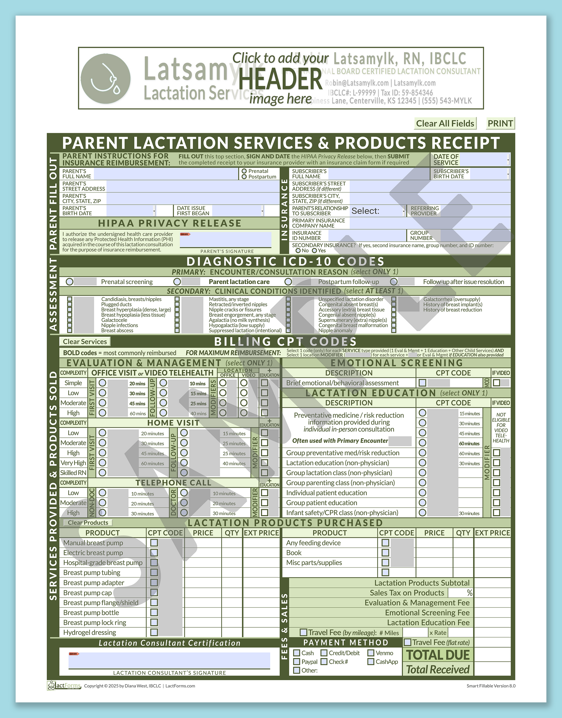 Parent Superbill—SmartFillable, HeaderBox before editing, Green, V8.0
