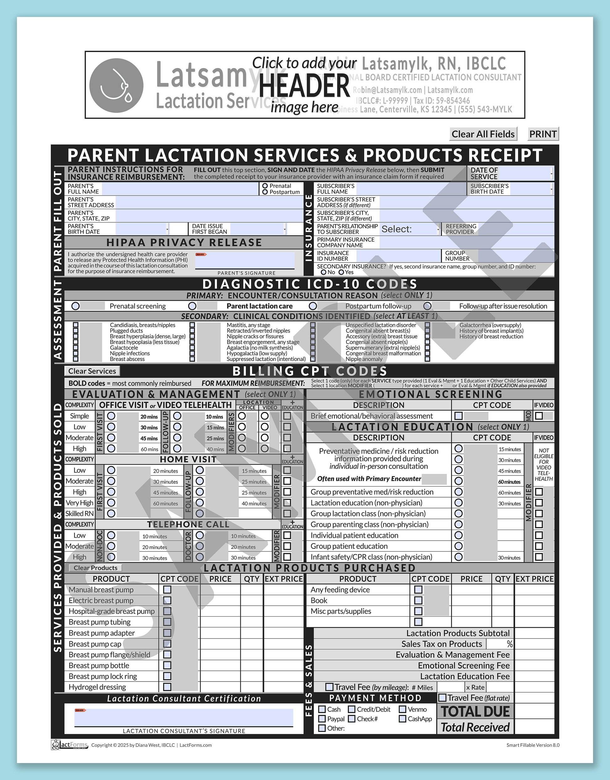 Parent Superbill—SmartFillable, HeaderBox before editing, Grey, V8.0