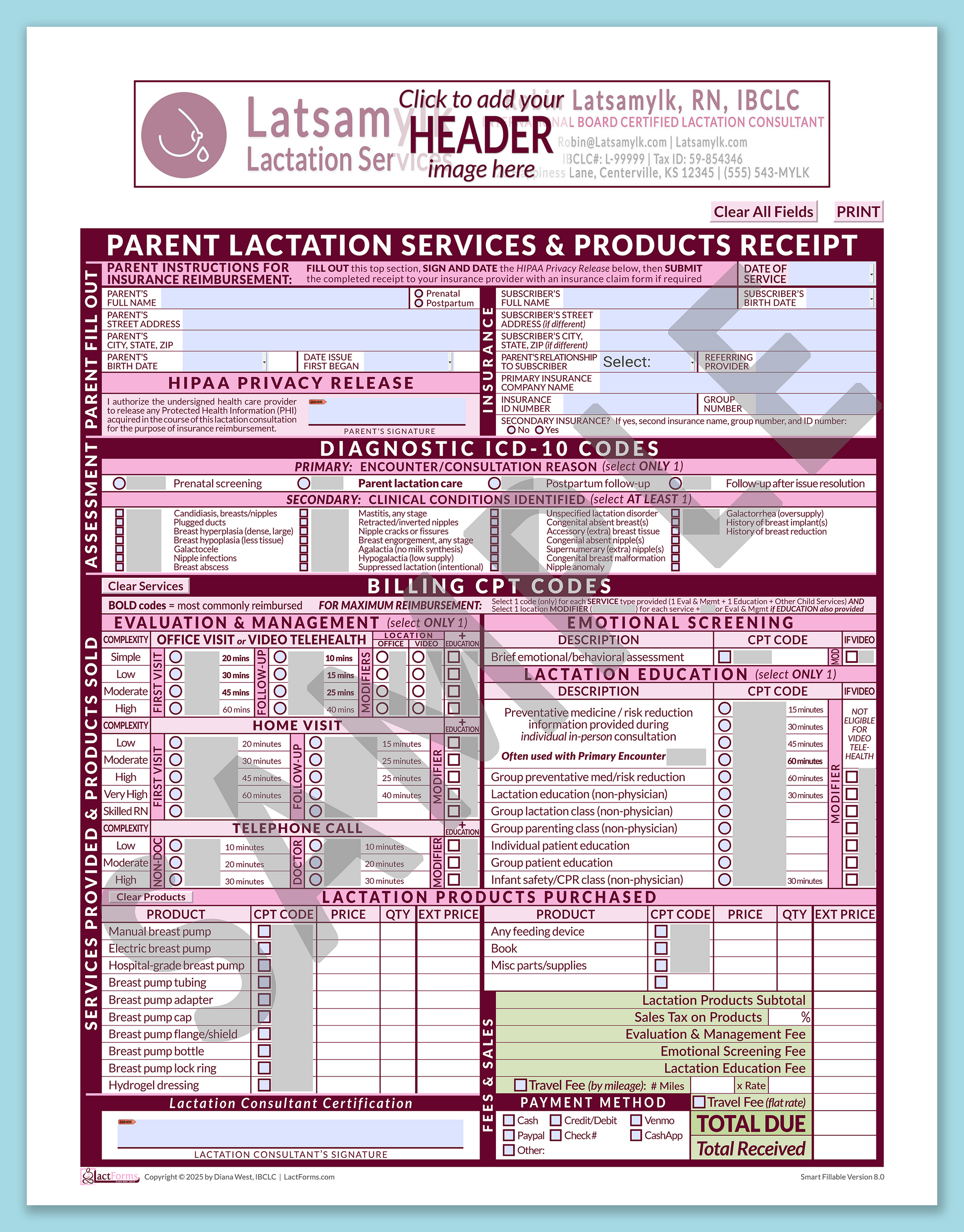 Parent Superbill—SmartFillable, HeaderBox before editing, Pink, V8.0