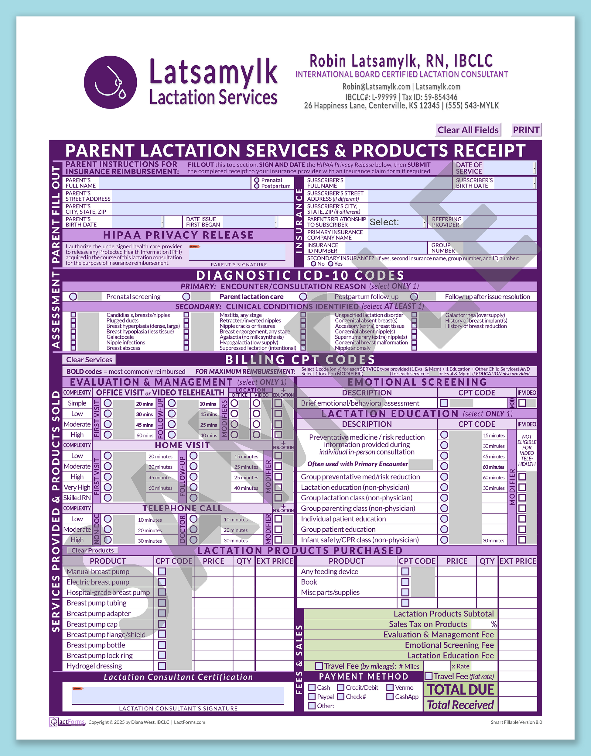 Parent Superbill—SmartFillable, HeaderBox after editing, Purple, V8.0