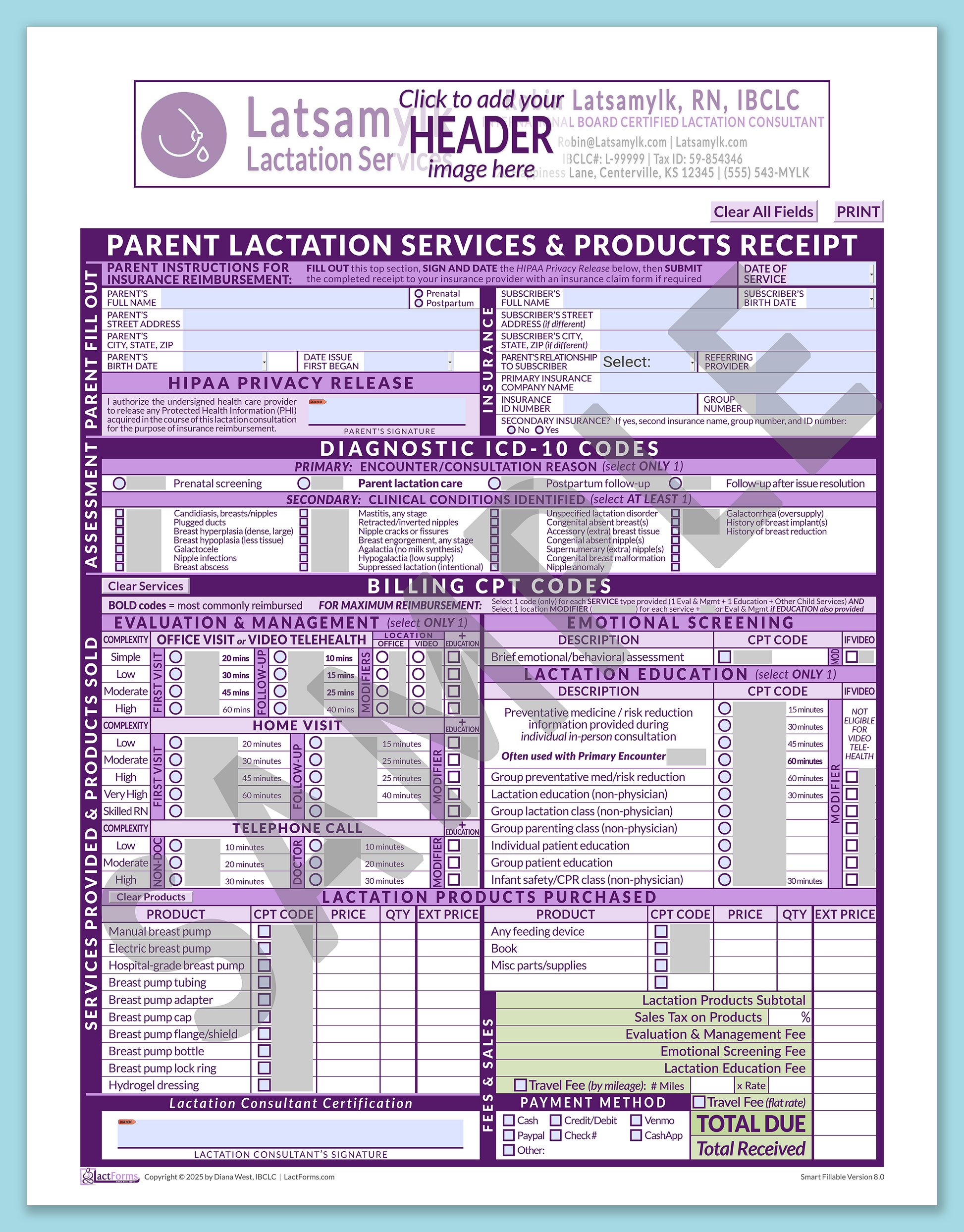 Parent Superbill—SmartFillable, HeaderBox before editing, Purple, V8.0