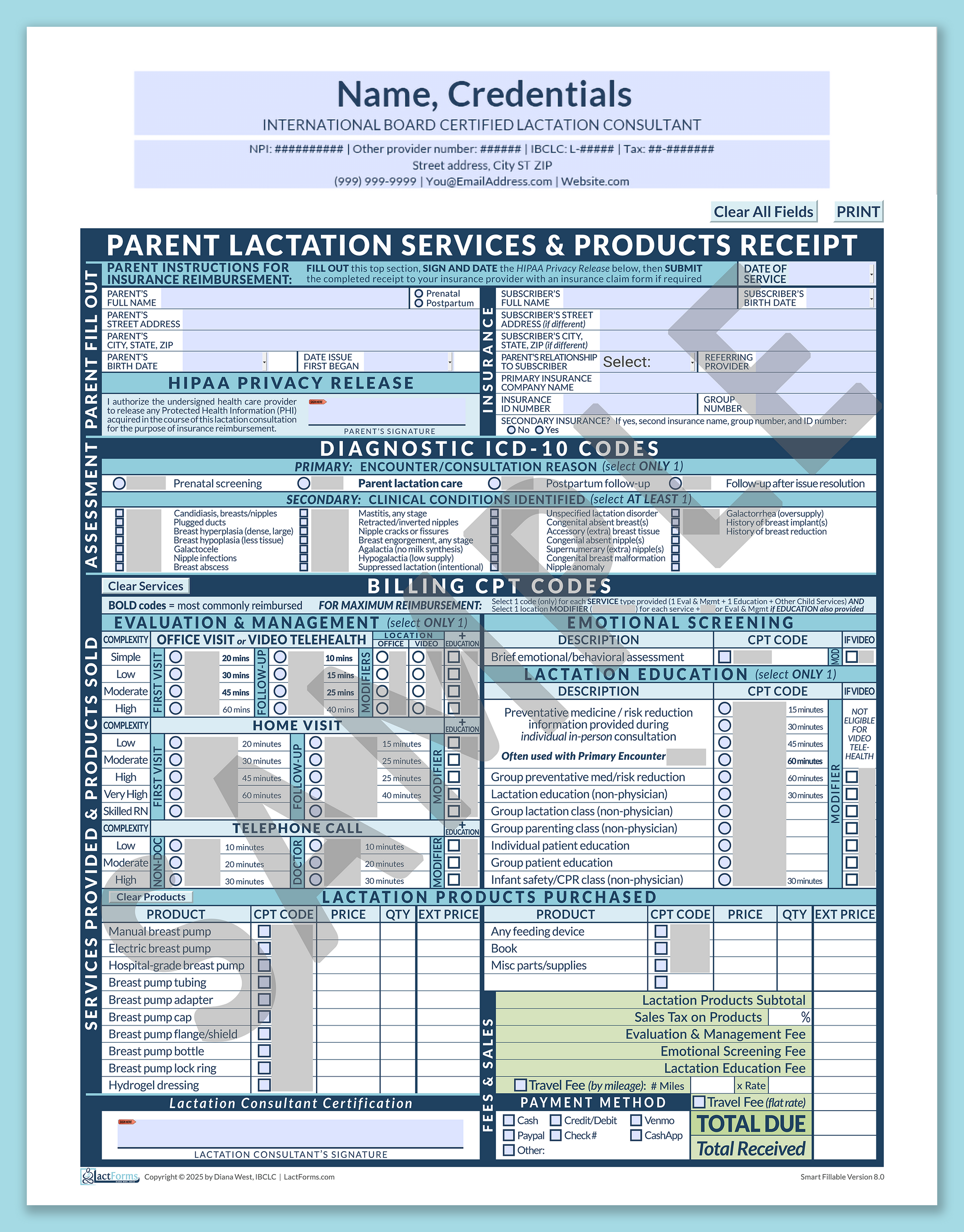 Parent Superbill—SmartFillable, HeaderCenter before editing, Blue, V8.0
