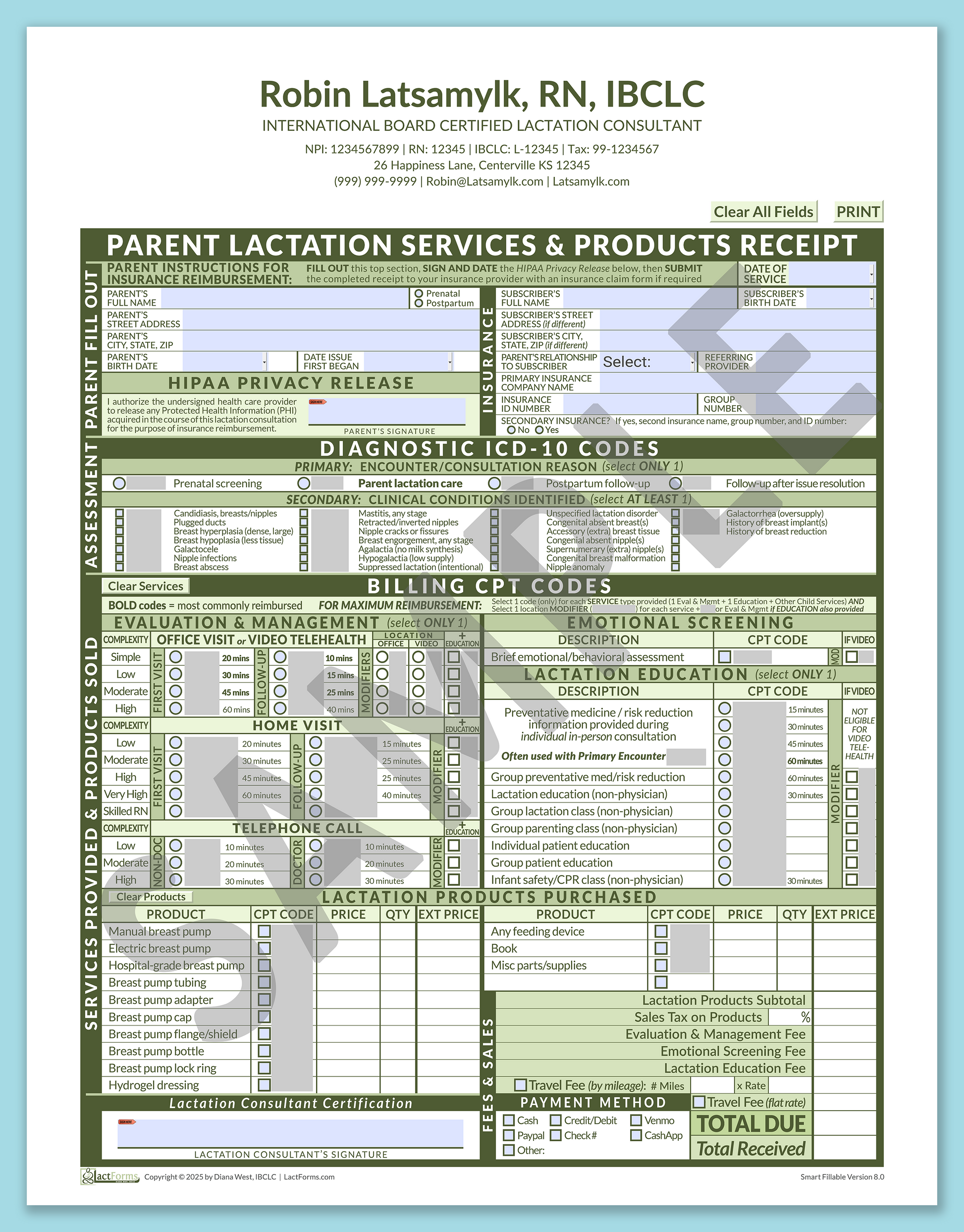 Parent Superbill—SmartFillable, HeaderCenter after editing, Green, V8.0