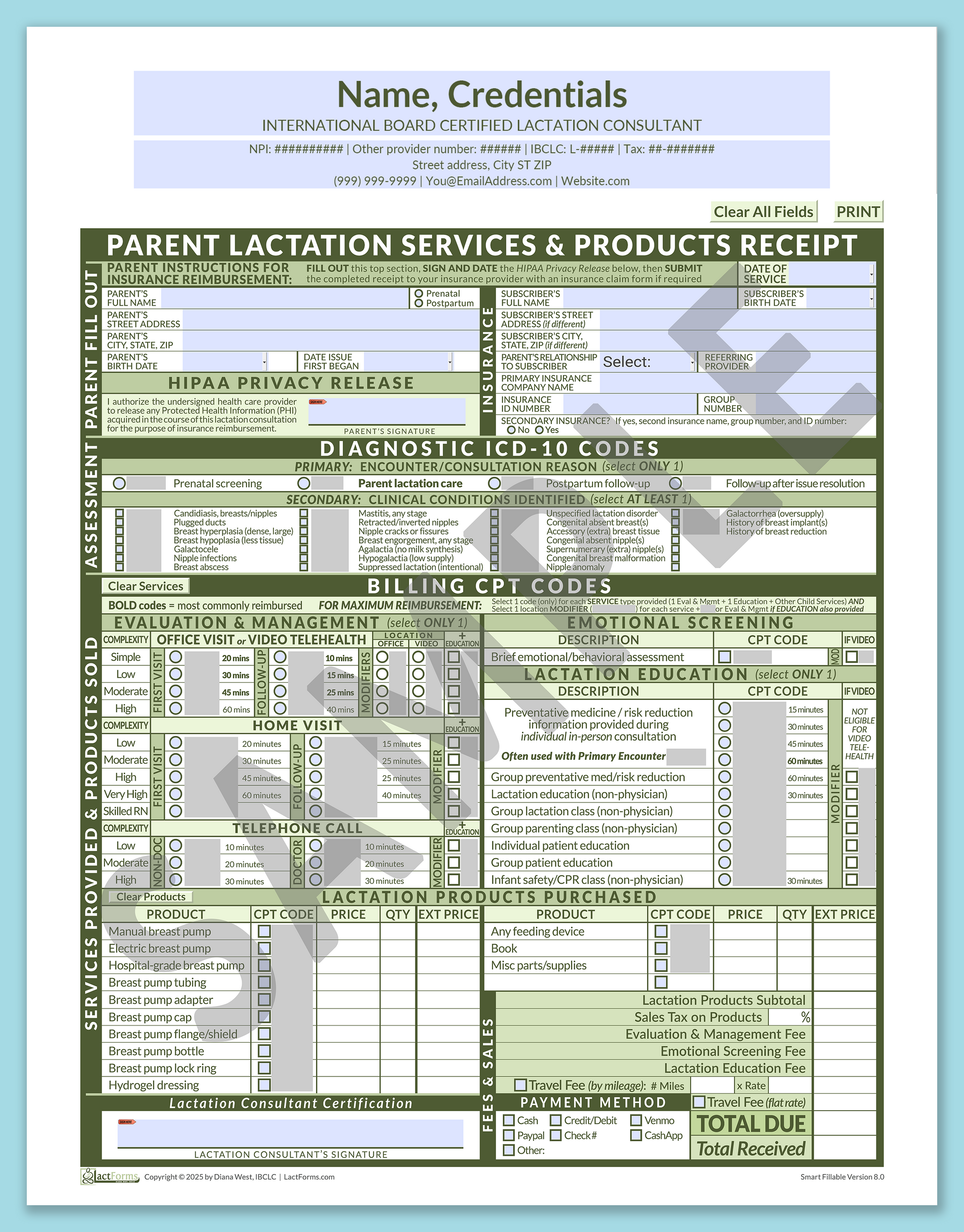 Parent Superbill—SmartFillable, HeaderCenter before editing, Green, V8.0