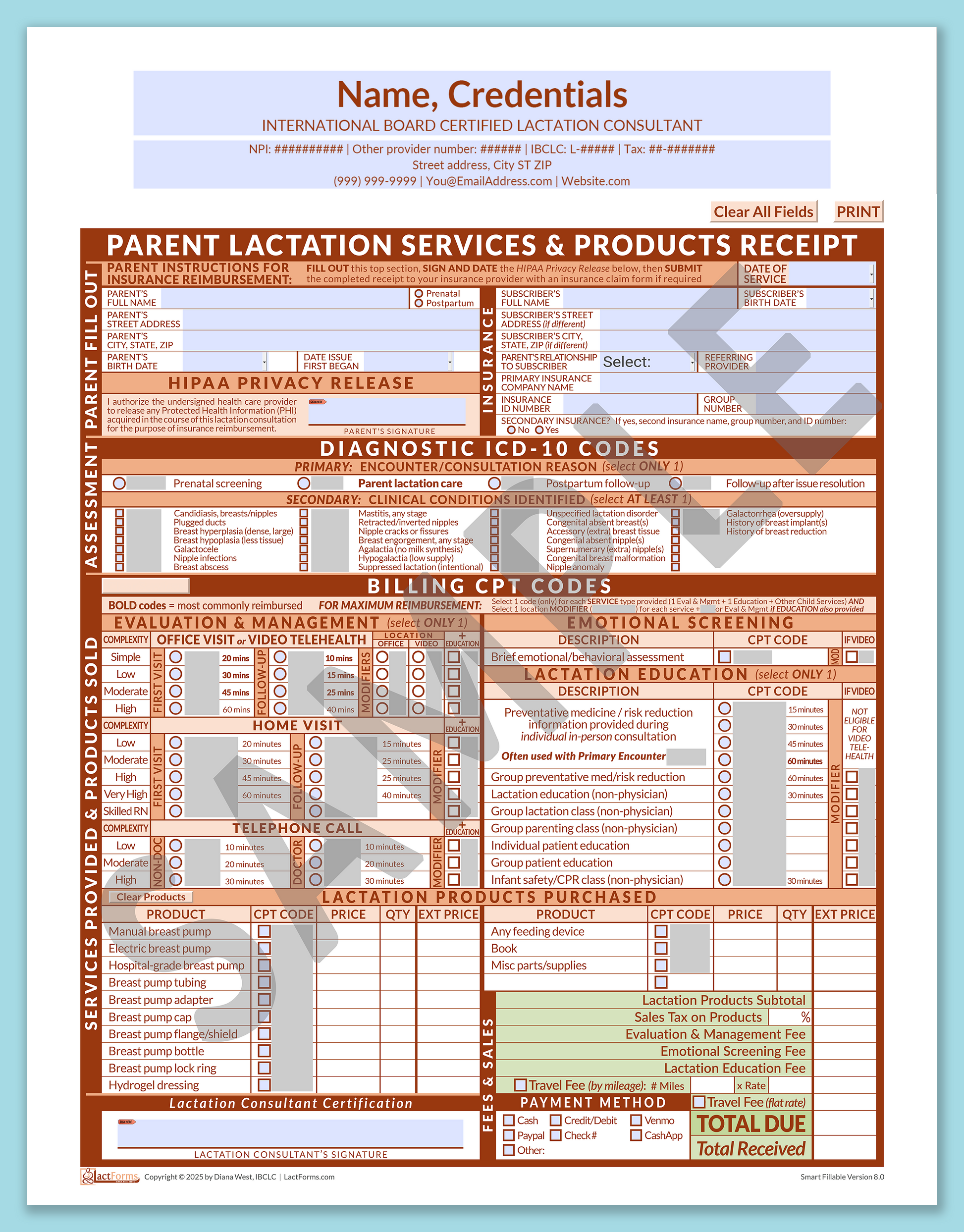 Parent Superbill—SmartFillable, HeaderCenter before editing, Orange, V8.0
