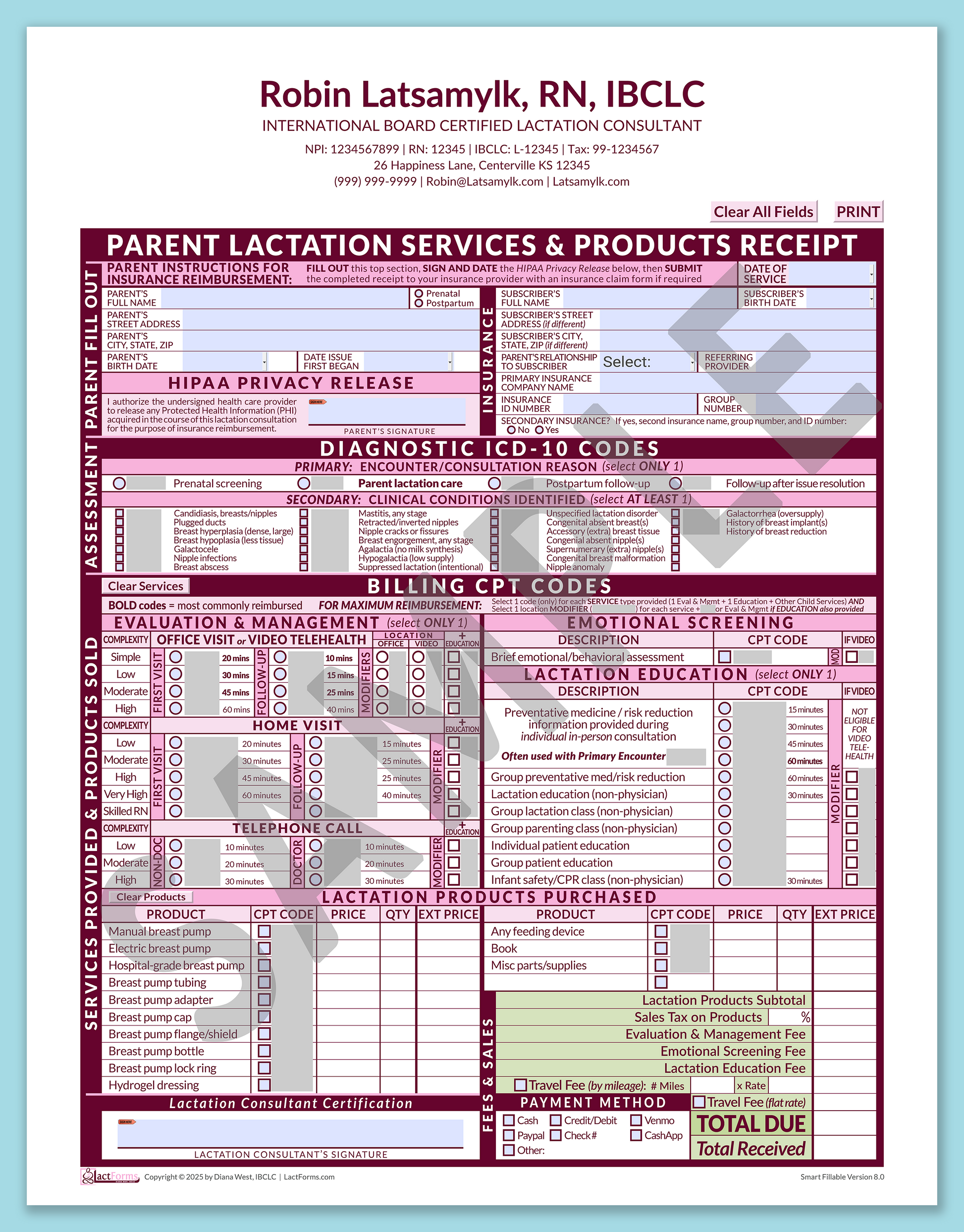 Parent Superbill—SmartFillable, HeaderCenter after editing, Pink, V8.0