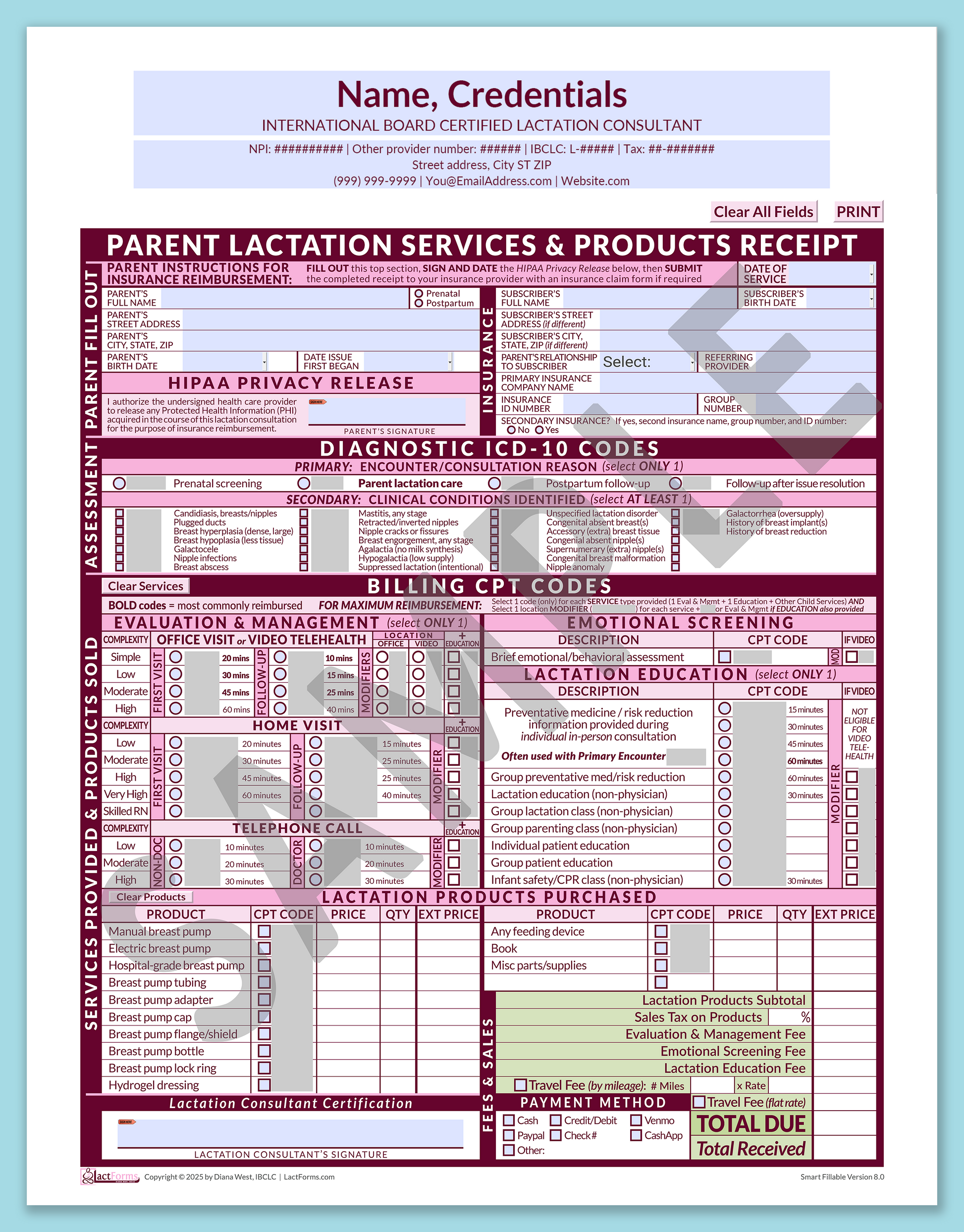 Parent Superbill—SmartFillable, HeaderCenter before editing, Pink, V8.0