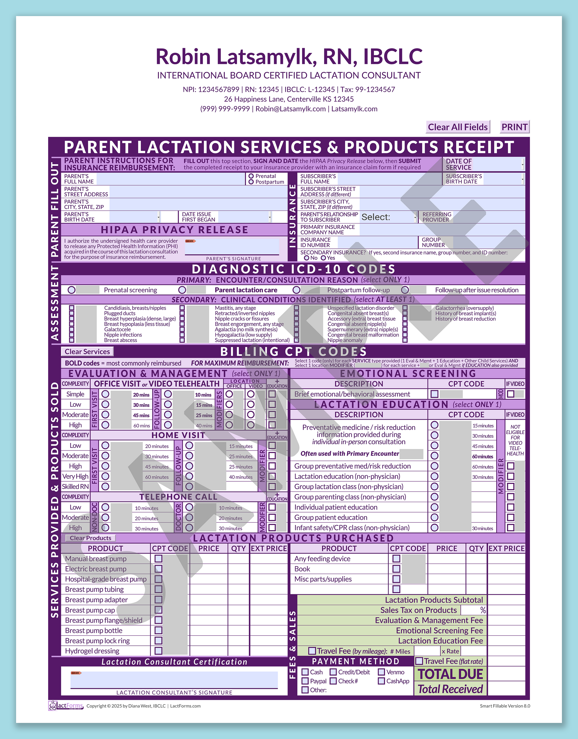 Parent Superbill—SmartFillable, HeaderCenter after editing, Purple, V8.0