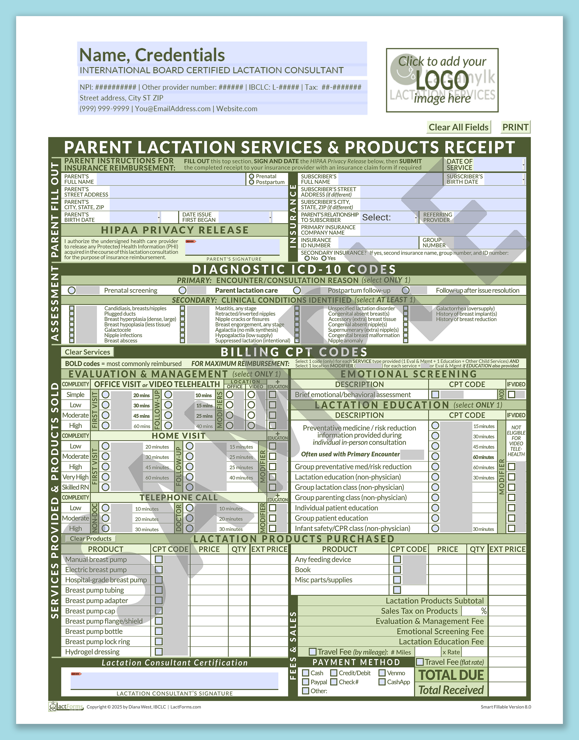 Parent Superbill—SmartFillable, HeaderLogo before editing, Green, V8.0
