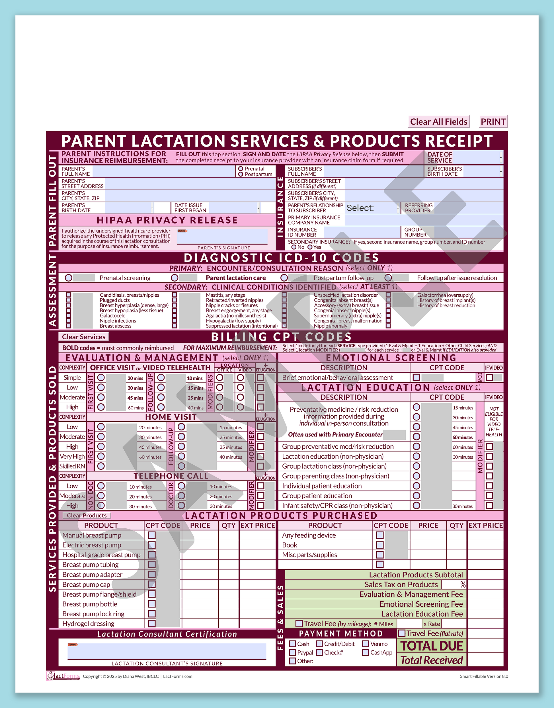 Parent Superbill—SmartFillable, HeaderNone, Pink, V8.0